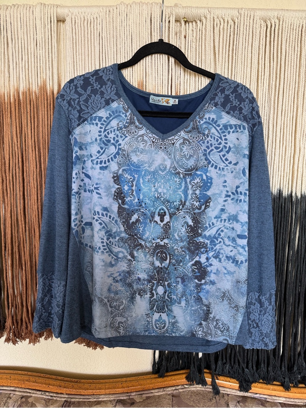 Blue Unity World Wear long sleeve top with paisley design and rhinestone & lace